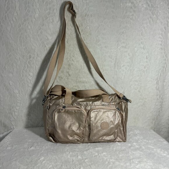 Kipling Metallic Mara Gold Nylon Crossbody/Shoulder Bag  Dual Front Pockets - Picture 2 of 9